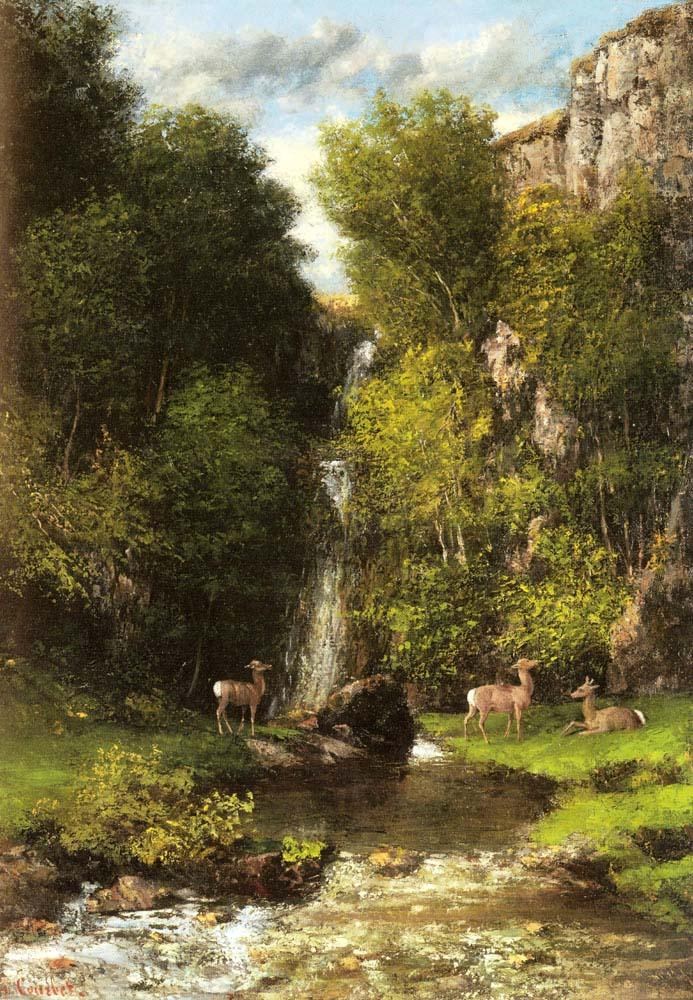 Gustave Courbet A Family of Deer in a Landscape with a Waterfall